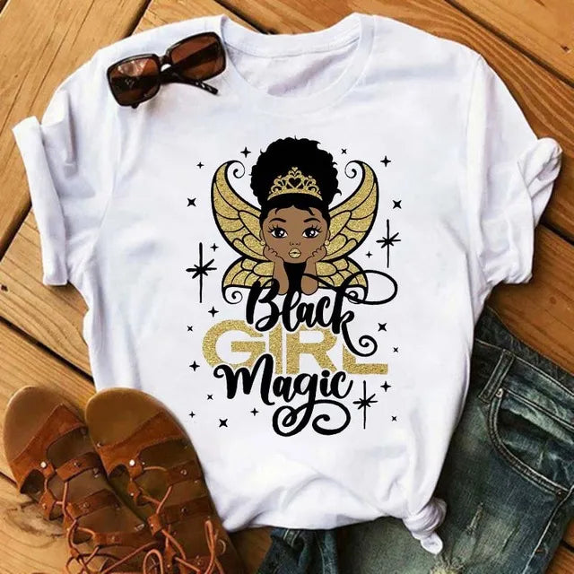 Maycaur Harajuku Black African Curly Hair Girls Tshirt Women Cartoon Graphic Print Tops Female T-shirt Cute Tee Friends T Shirts