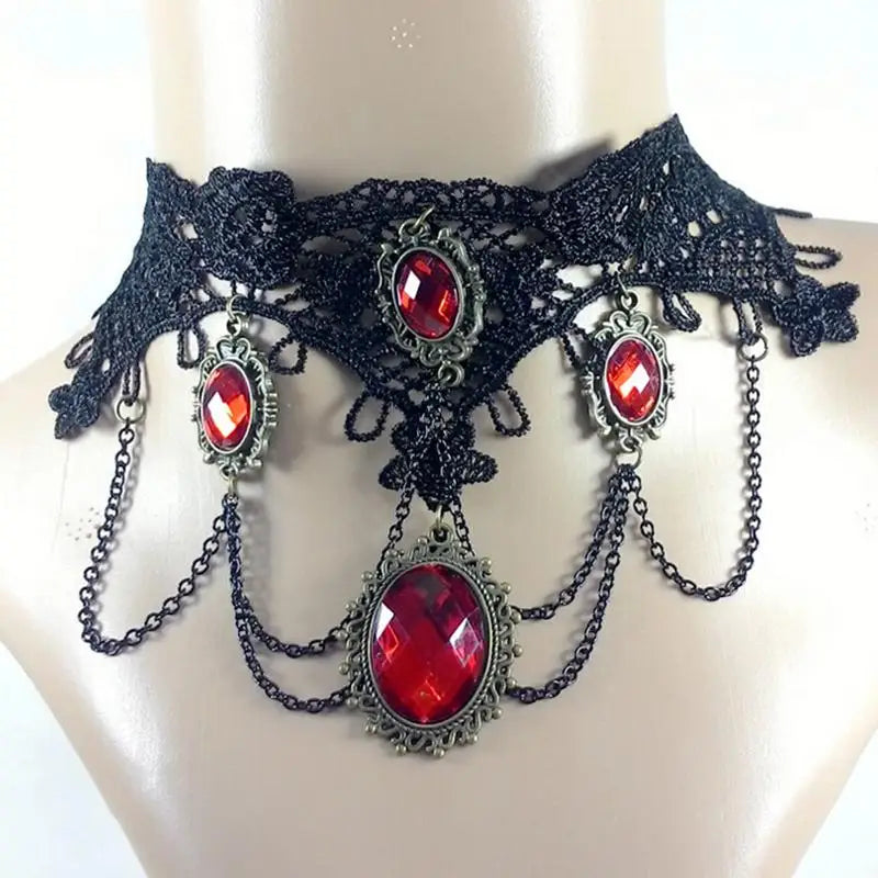 Fashion Cocktail Evening Party Dress Jewelry Victorian Gothic Halloween Red Rhinestone Charms Vampire Maxi Necklace Choker