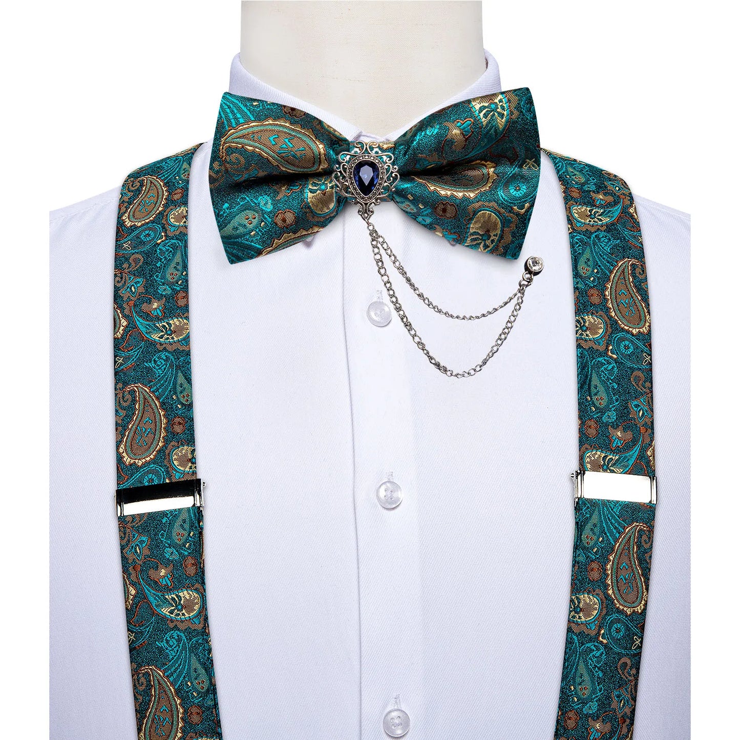 Mens Suspender 6 Clips Braces Y Shape Silk Suspenders Bow Tie Brooch Pocket Square Set Wedding Party Men Accessories DiBanGu
