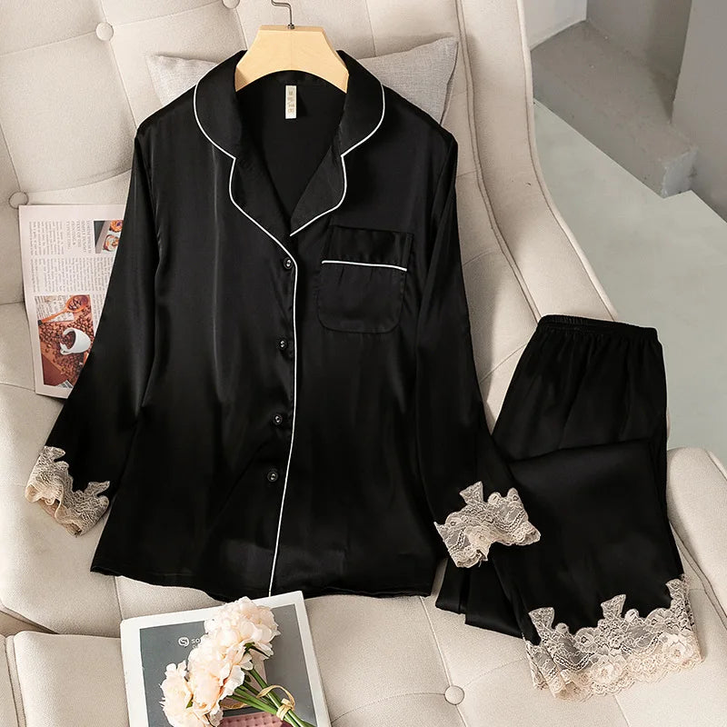 Satin Pajamas Set Faux Silk Women Sleepwear Shirt & Pants Casual Lace Pajamas Lounge Wear Nightwear