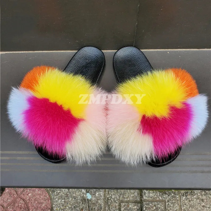 Rainbow Fur Slides Women's Furry Plush Raccoon Fox Fur Slippers Indoor Flat Non-Slip Summer Beach Flip Flops Large Size Sandals