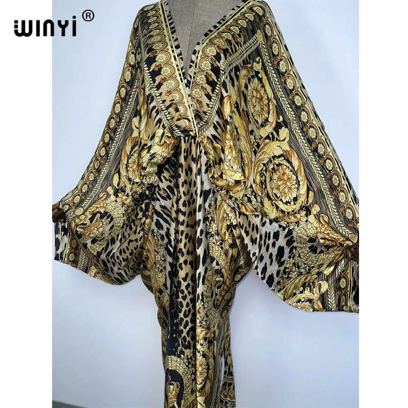 Sexy beach kaftan caftan feel silk rayon fashion print 2021 WINYI Maxi women's robes long sukienka V-neck Bohemian dress