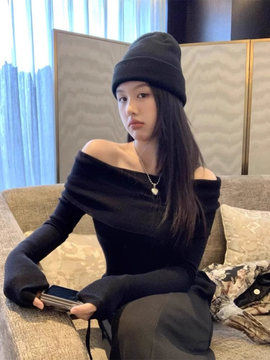 Chic Gentle off-Shoulder Fancy Ruched Knitwear