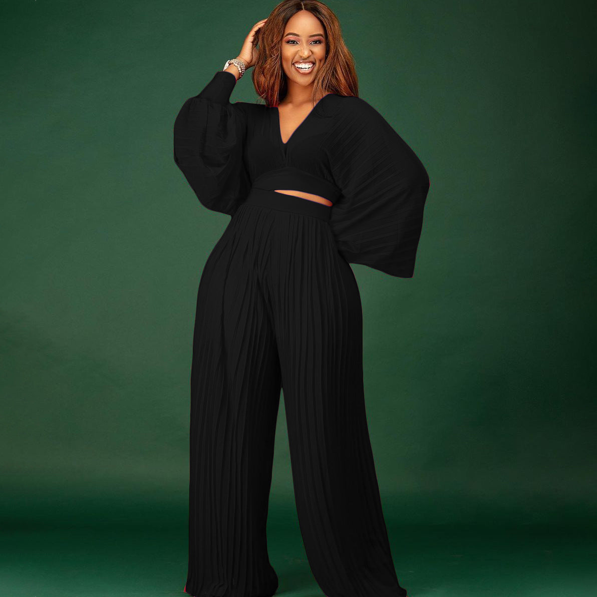 CM.YAYA Pleated Women Tracksuit Solid See-through Pleated Batwing Crop Tops and Wide Leg Pants Two 2 Piece Set Fashion Outfit