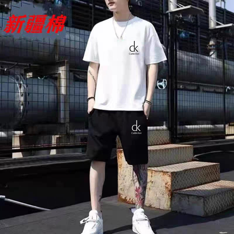 Summer New Arrival CK Men Casual Sports Suit Pure Cotton Short-Sleeved T-shirt Men's Breathable plus Size Shorts Shorts