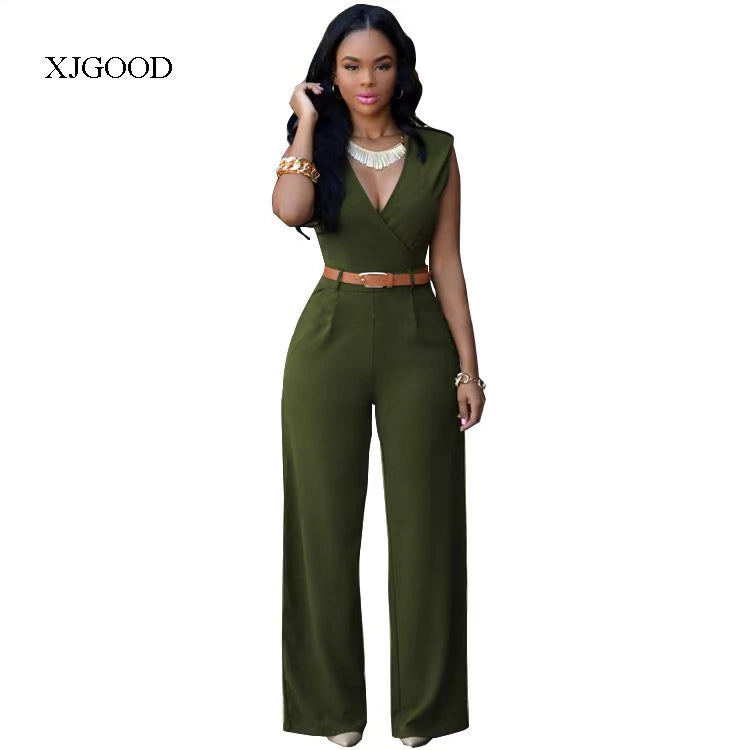 Sexy High Waist V-neck Wide Leg Pants Set Women's Fashion Street Style Jumpsuit for Birthday Party Summer 2022