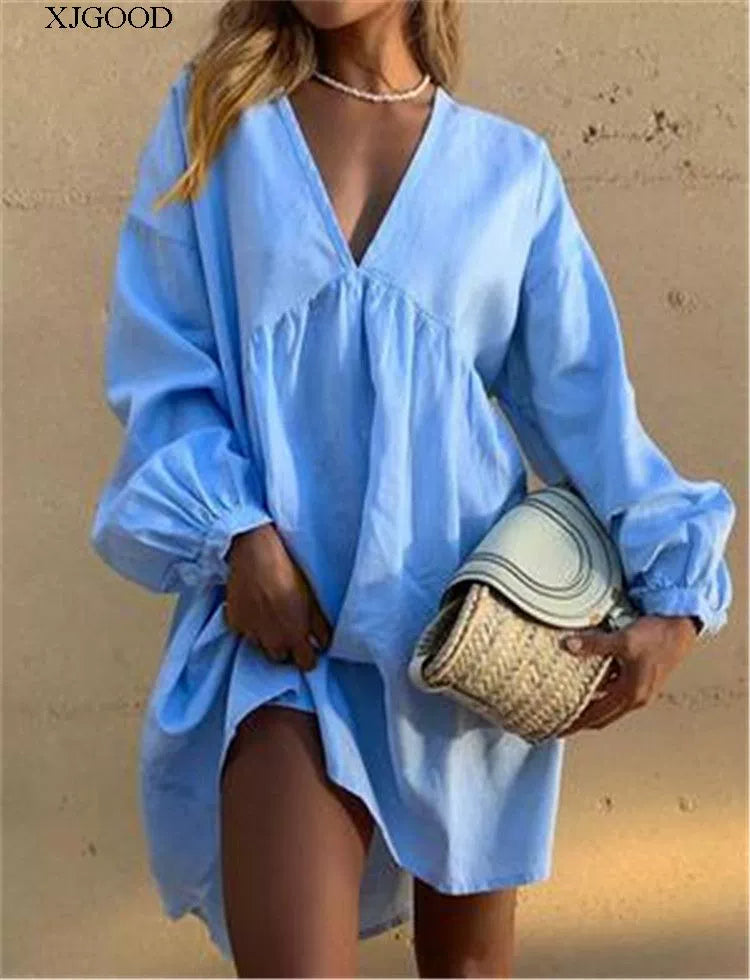 Blue Pink Dress New Spring Ladies Party Dresses Cotton Linen Dress