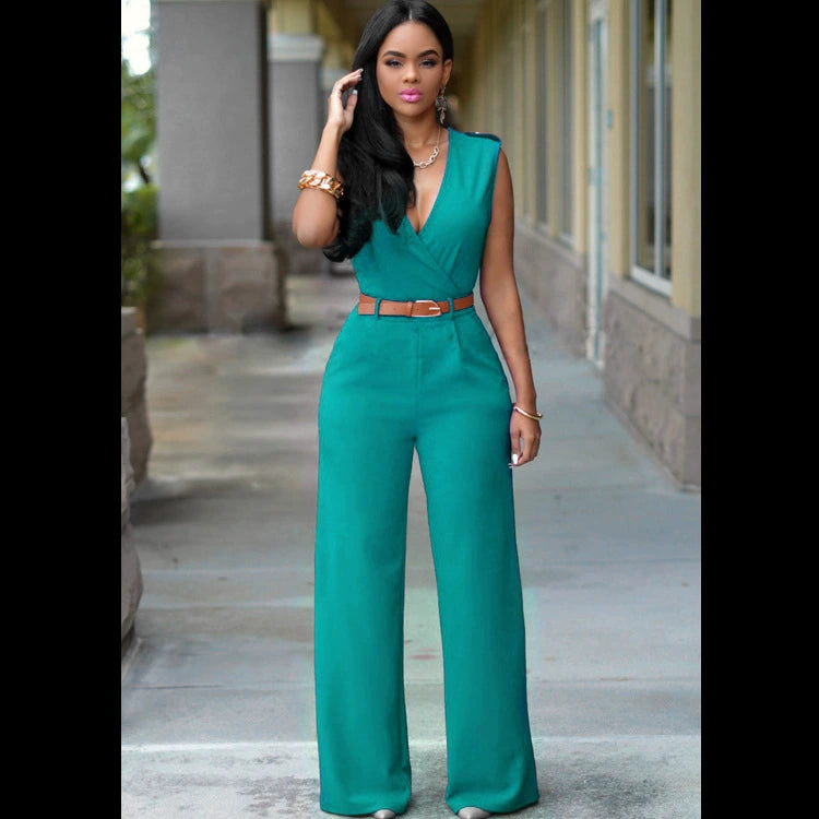 Sexy High Waist V-neck Wide Leg Pants Set Women's Fashion Street Style Jumpsuit for Birthday Party Summer 2022