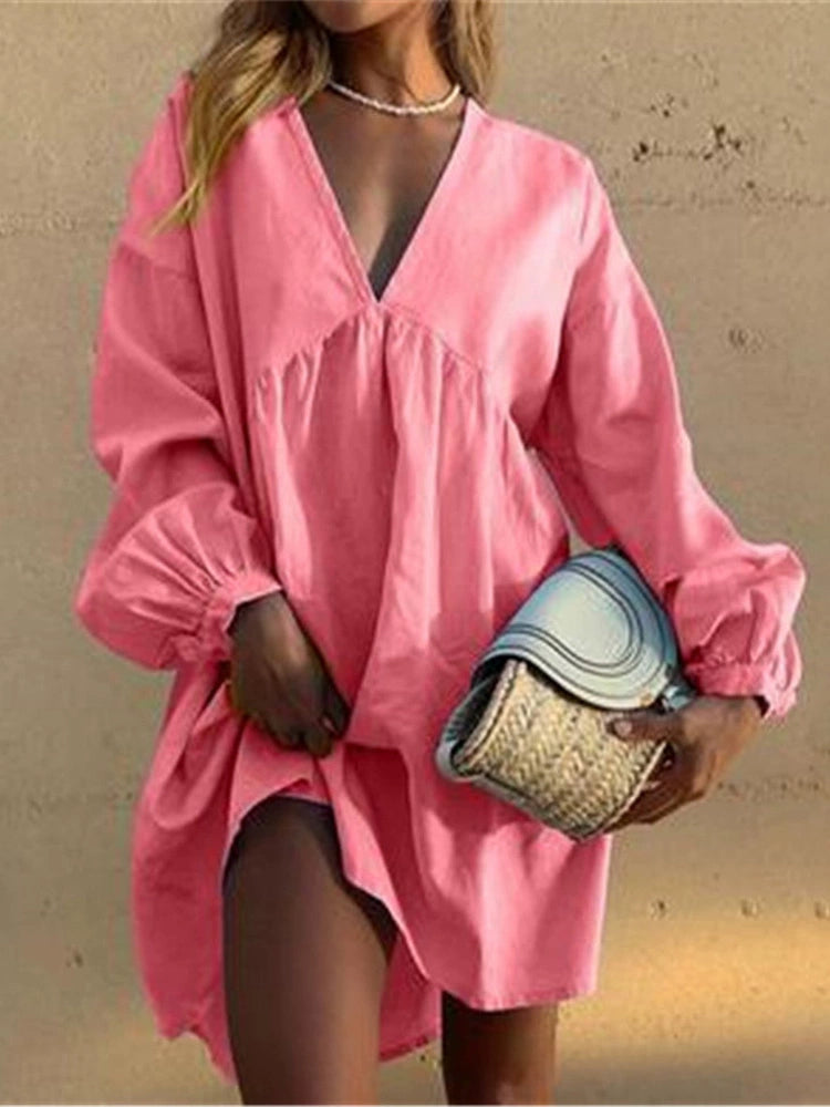 Blue Pink Dress New Spring Ladies Party Dresses Cotton Linen Dress