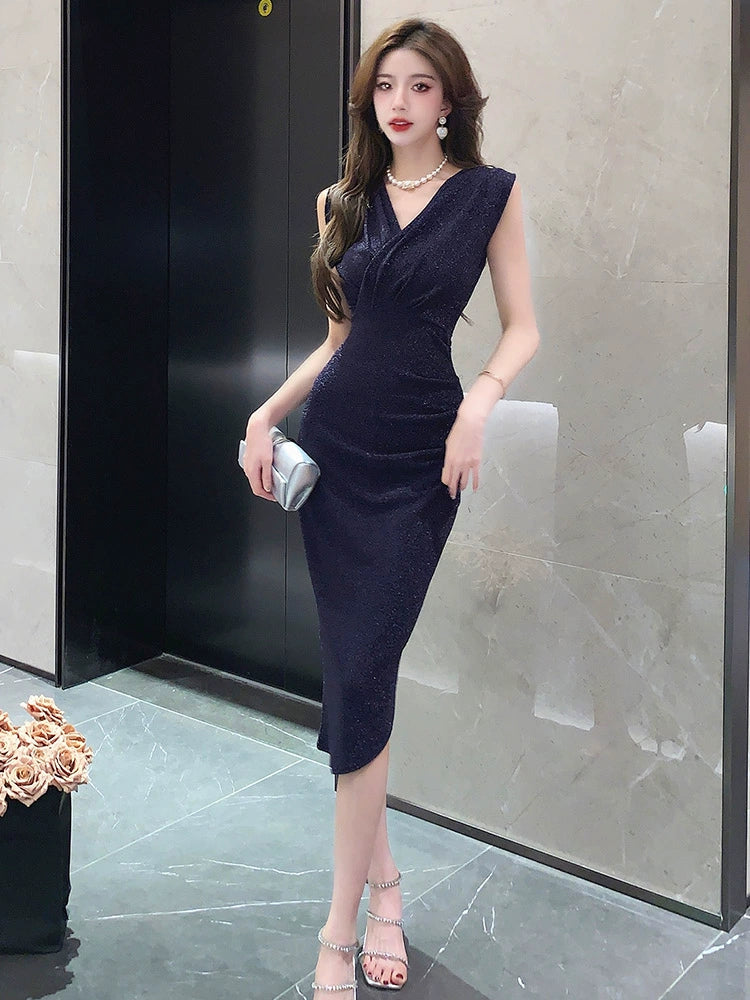 Accessible Luxury Bright Silk Summer Sleeveless Adult Lady like Woman Sheath Dress