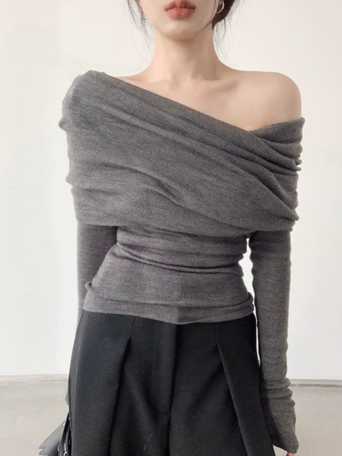 Off-the-Shoulder Inner Knitted Bottoming Shirt for Women Autumn New Pure Sweater Slim Fit Fancy off-Shoulder Top