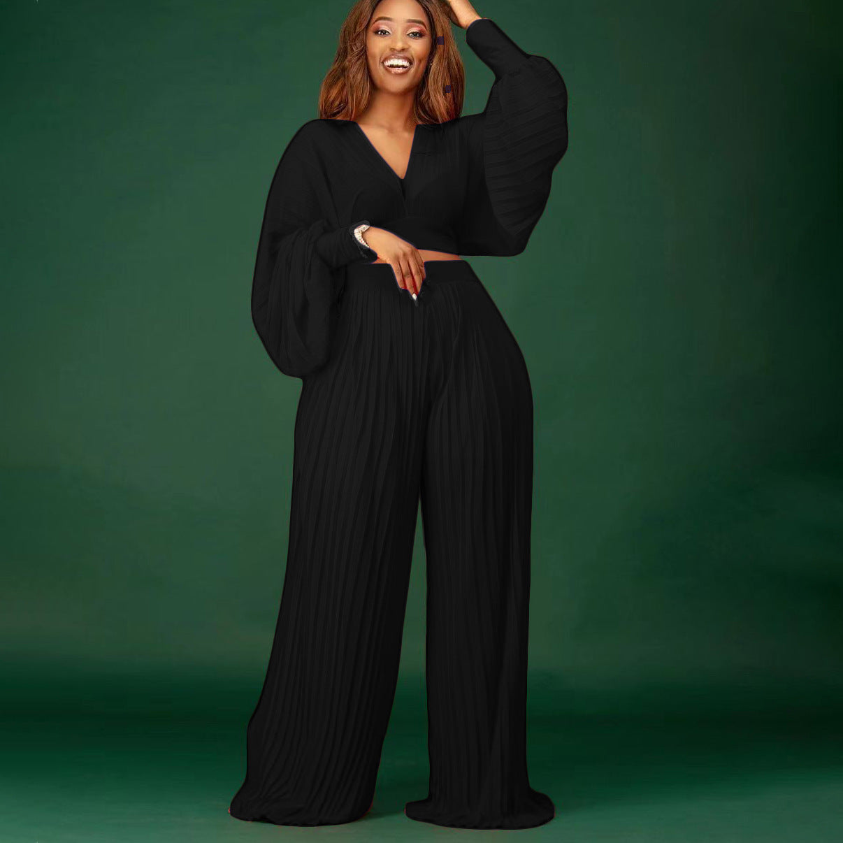 CM.YAYA Pleated Women Tracksuit Solid See-through Pleated Batwing Crop Tops and Wide Leg Pants Two 2 Piece Set Fashion Outfit