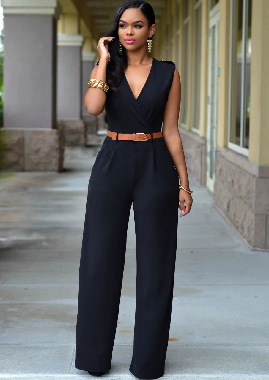 Sexy High Waist V-neck Wide Leg Pants Set Women's Fashion Street Style Jumpsuit for Birthday Party Summer 2022