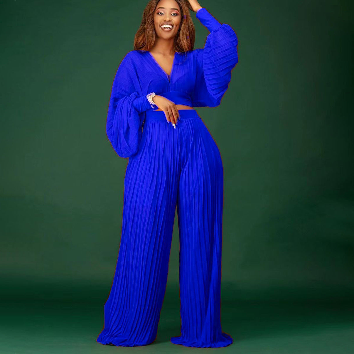 CM.YAYA Pleated Women Tracksuit Solid See-through Pleated Batwing Crop Tops and Wide Leg Pants Two 2 Piece Set Fashion Outfit