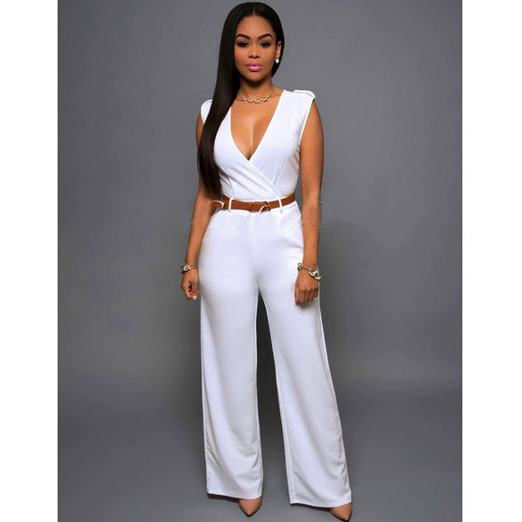 Sexy High Waist V-neck Wide Leg Pants Set Women's Fashion Street Style Jumpsuit for Birthday Party Summer 2022
