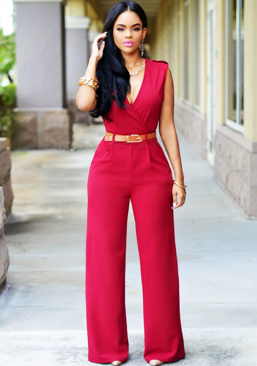 Sexy High Waist V-neck Wide Leg Pants Set Women's Fashion Street Style Jumpsuit for Birthday Party Summer 2022
