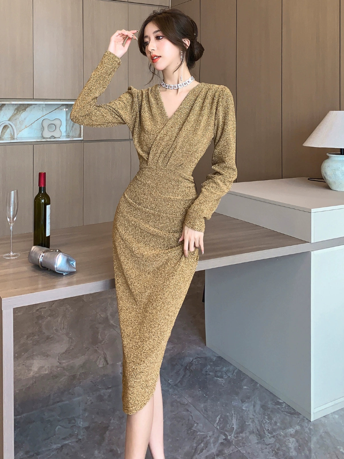 Accessible Luxury Socialite Pure Desire Sexy V-neck Dress Dress