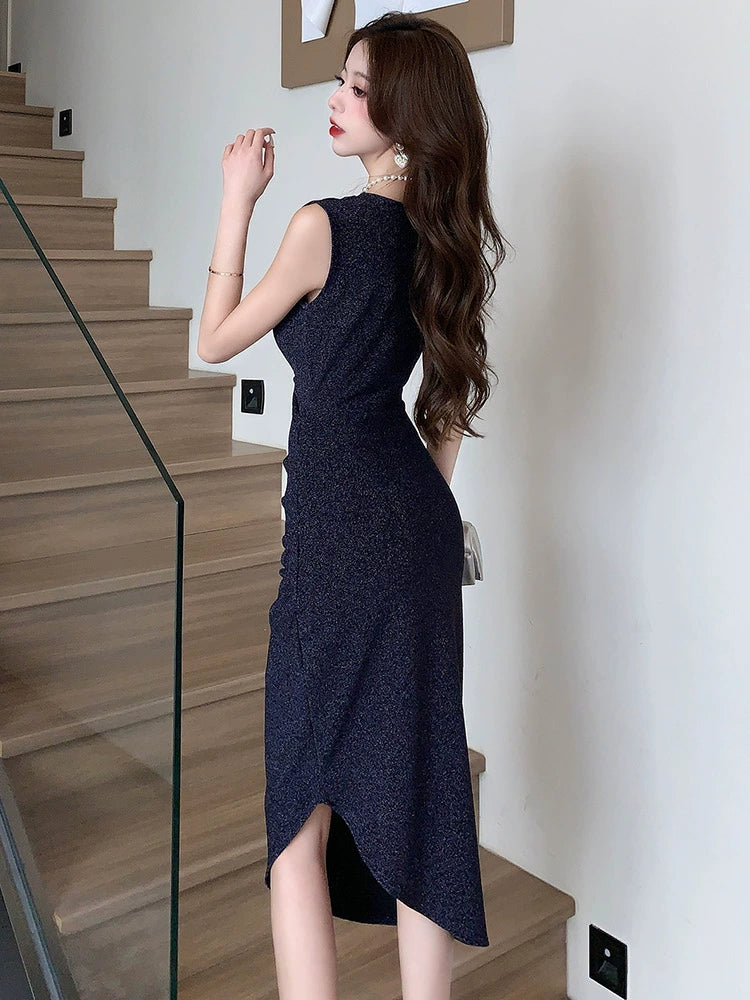 Accessible Luxury Bright Silk Summer Sleeveless Adult Lady like Woman Sheath Dress