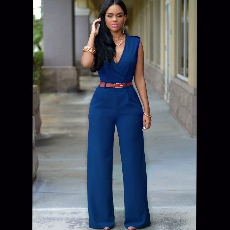 Sexy High Waist V-neck Wide Leg Pants Set Women's Fashion Street Style Jumpsuit for Birthday Party Summer 2022