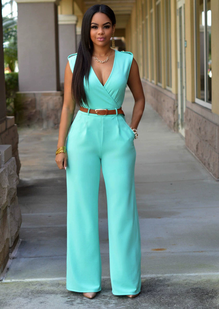 Sexy High Waist V-neck Wide Leg Pants Set Women's Fashion Street Style Jumpsuit for Birthday Party Summer 2022
