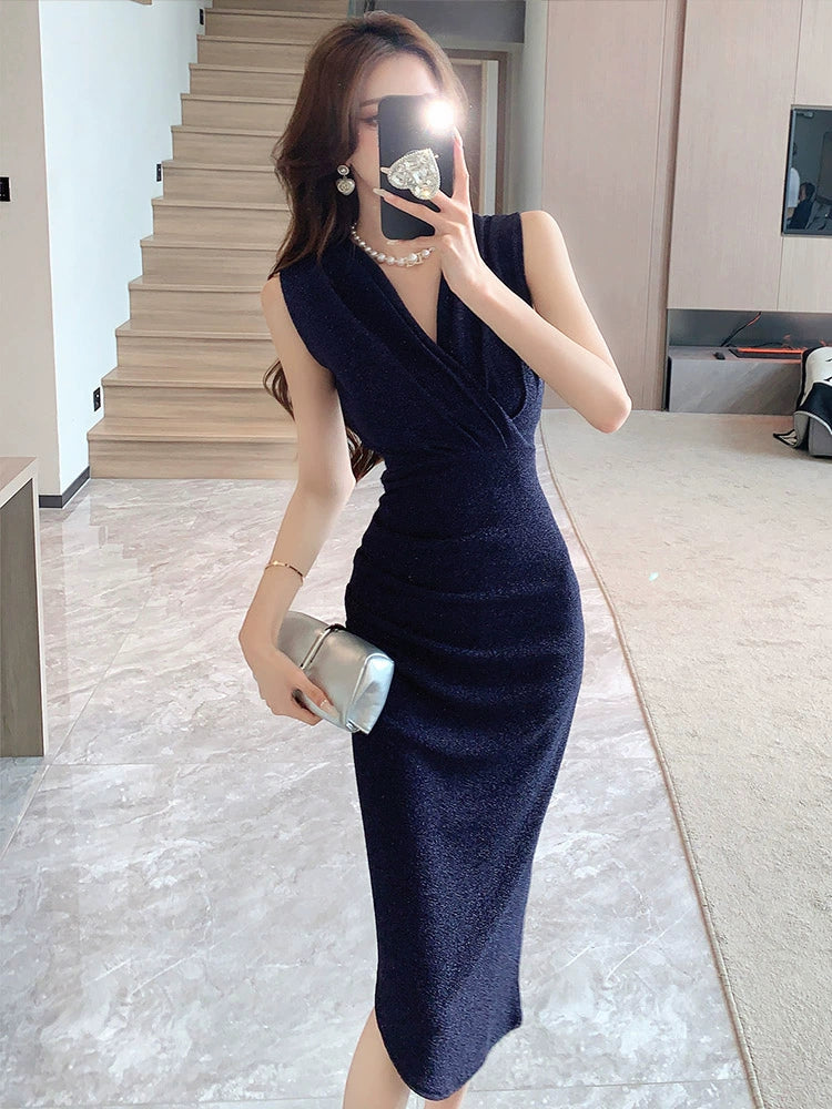 Accessible Luxury Bright Silk Summer Sleeveless Adult Lady like Woman Sheath Dress