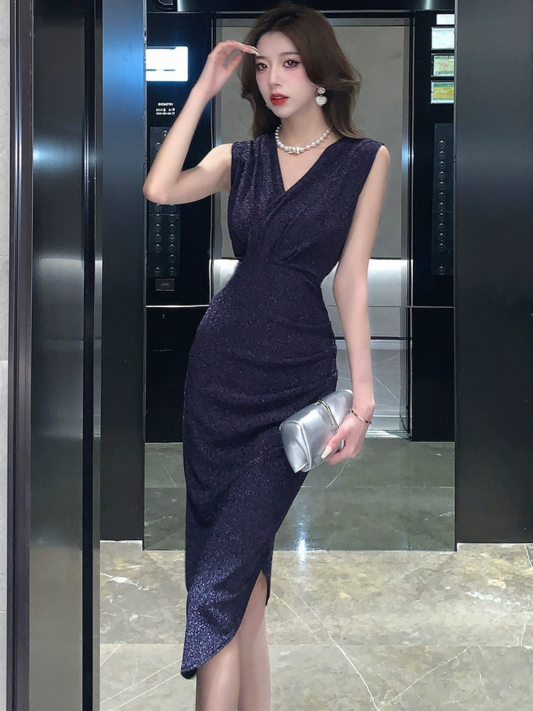 Accessible Luxury Bright Silk Summer Sleeveless Adult Lady like Woman Sheath Dress