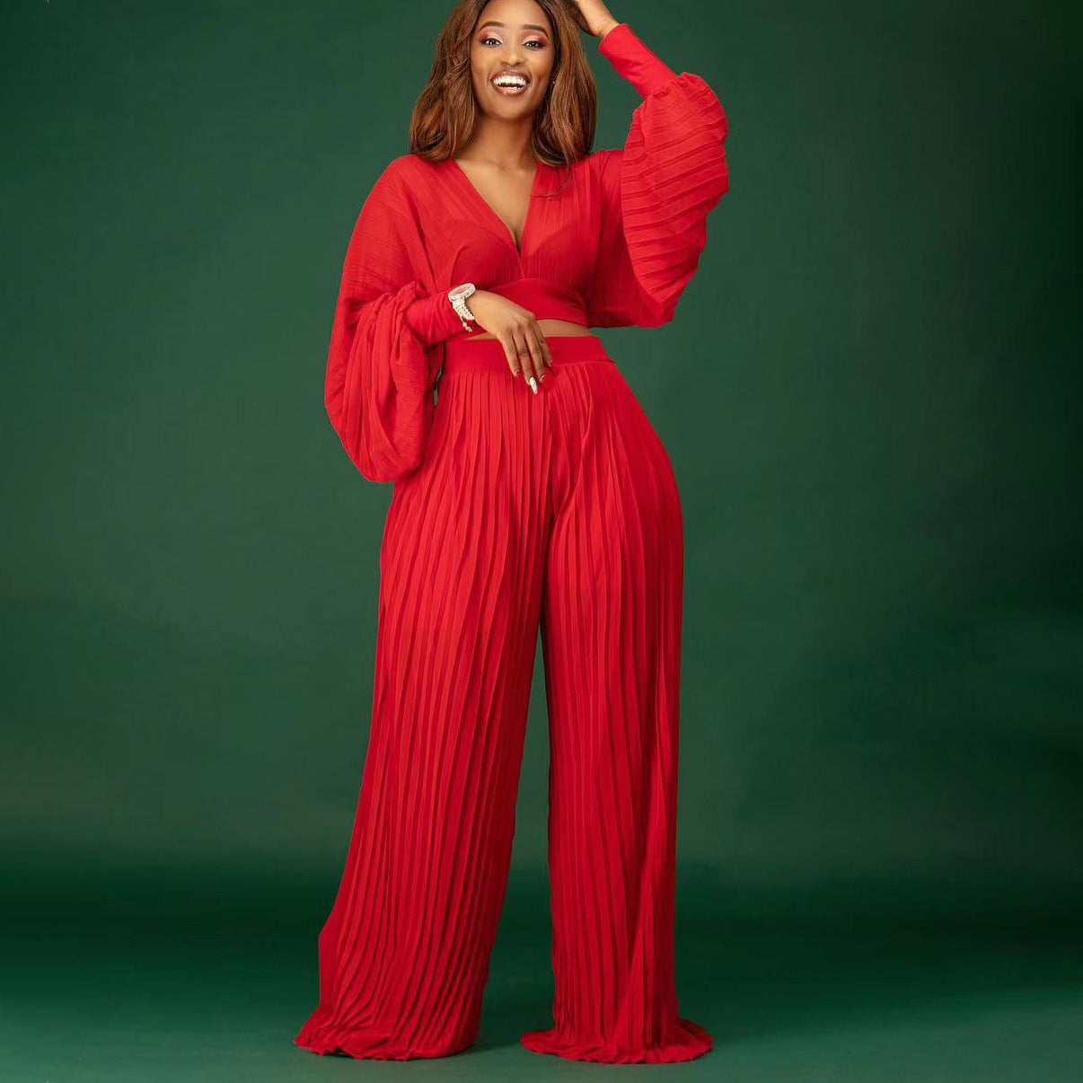 CM.YAYA Pleated Women Tracksuit Solid See-through Pleated Batwing Crop Tops and Wide Leg Pants Two 2 Piece Set Fashion Outfit