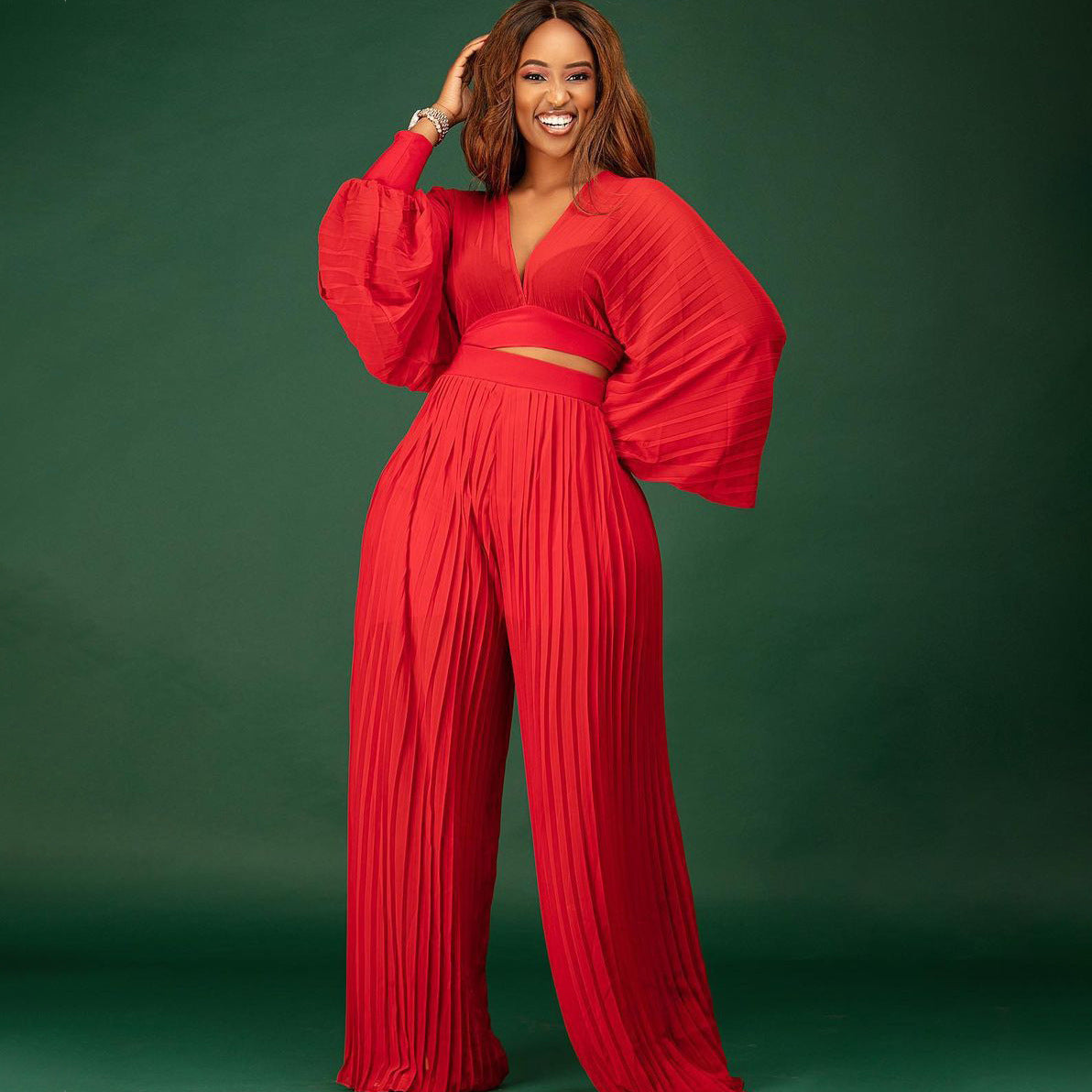 CM.YAYA Pleated Women Tracksuit Solid See-through Pleated Batwing Crop Tops and Wide Leg Pants Two 2 Piece Set Fashion Outfit