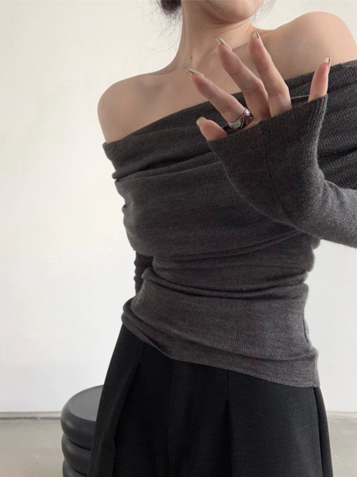 Off-the-Shoulder Inner Knitted Bottoming Shirt for Women Autumn New Pure Sweater Slim Fit Fancy off-Shoulder Top