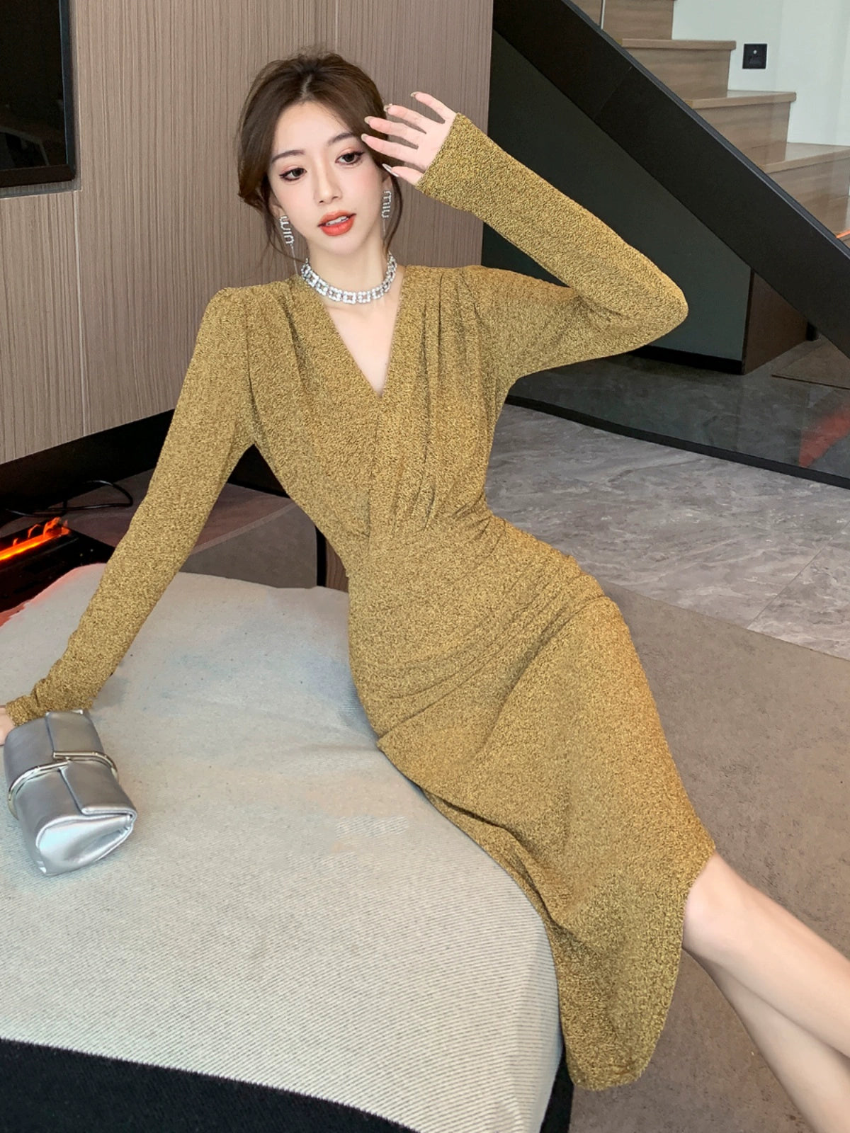 Accessible Luxury Socialite Pure Desire Sexy V-neck Dress Dress