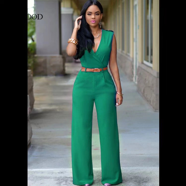 Sexy High Waist V-neck Wide Leg Pants Set Women's Fashion Street Style Jumpsuit for Birthday Party Summer 2022