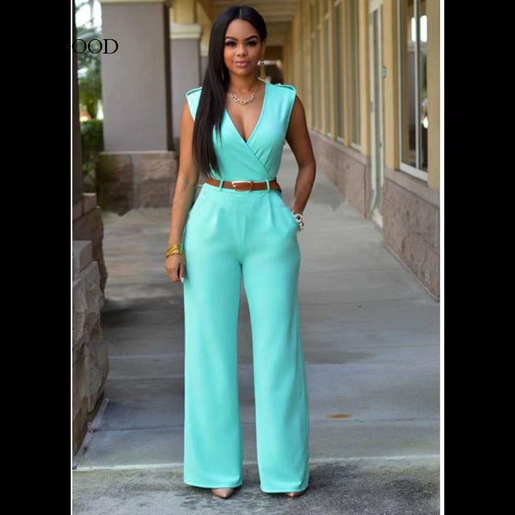 Sexy High Waist V-neck Wide Leg Pants Set Women's Fashion Street Style Jumpsuit for Birthday Party Summer 2022