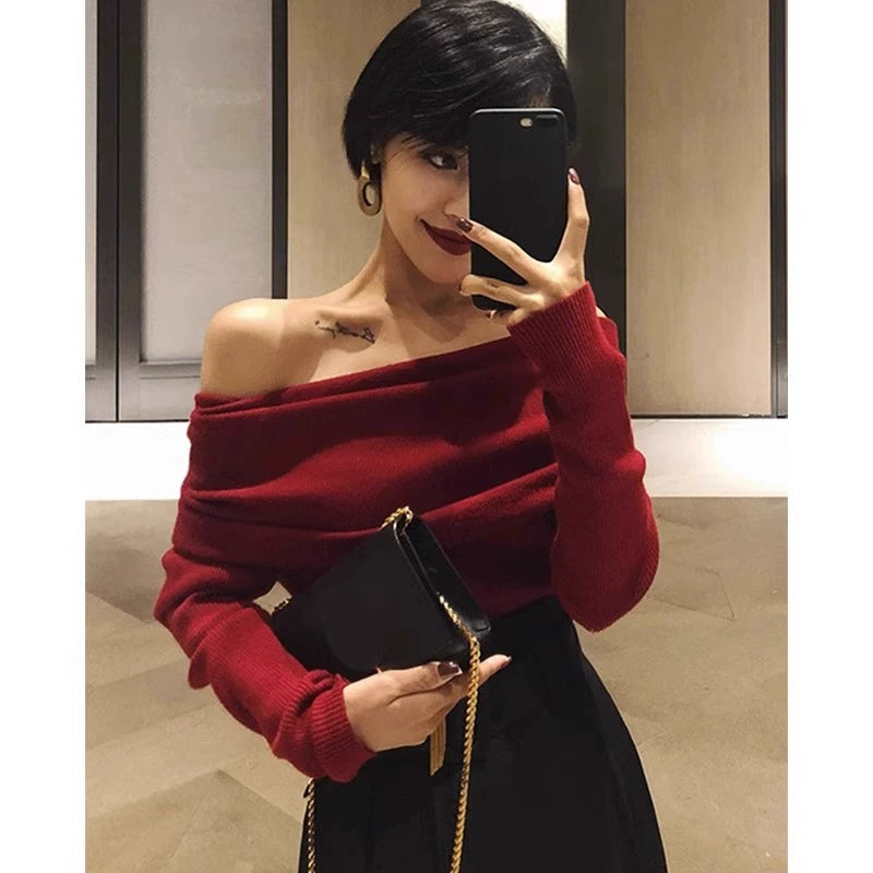 Chic Gentle off-Shoulder Fancy Ruched Knitwear
