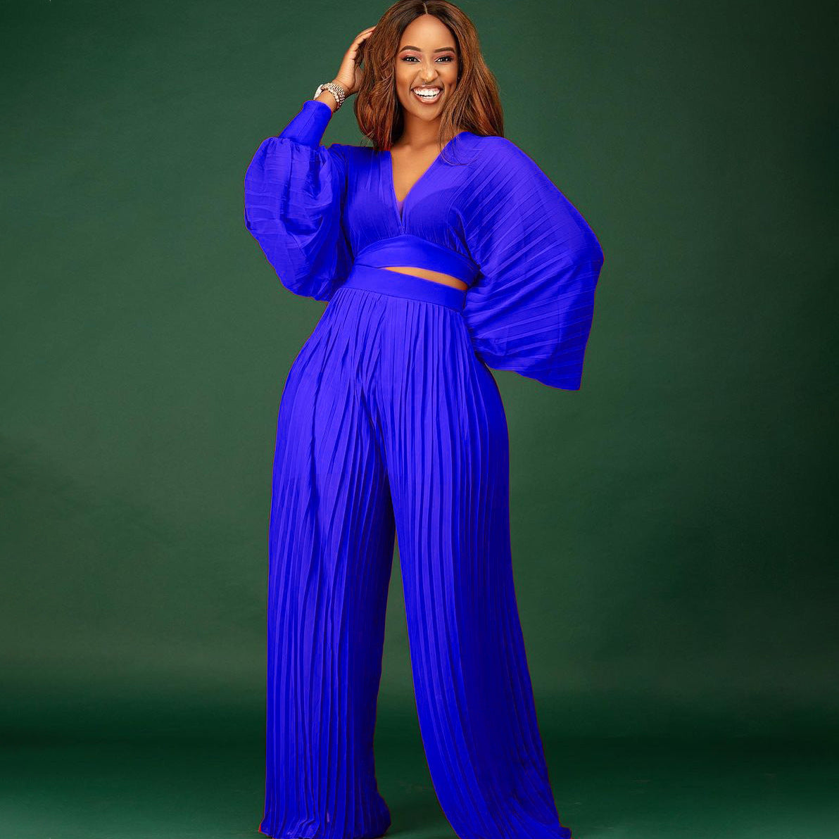 CM.YAYA Pleated Women Tracksuit Solid See-through Pleated Batwing Crop Tops and Wide Leg Pants Two 2 Piece Set Fashion Outfit