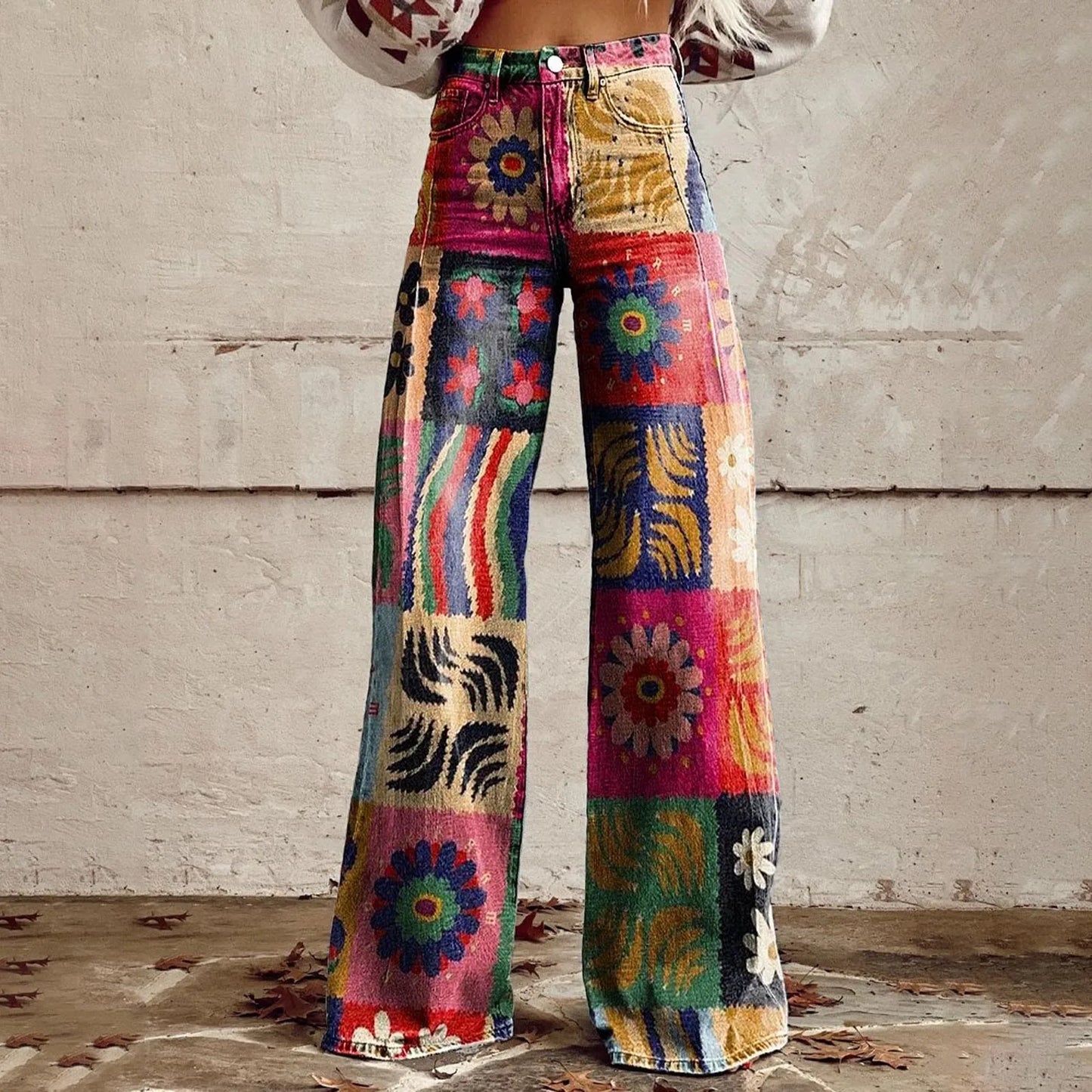 High Waisted Loose Fit Vintage Wide Leg Casual Pants for Women Fashionable 90s Floral Printed Baggy Trousers Comfortable Imitation Jeans