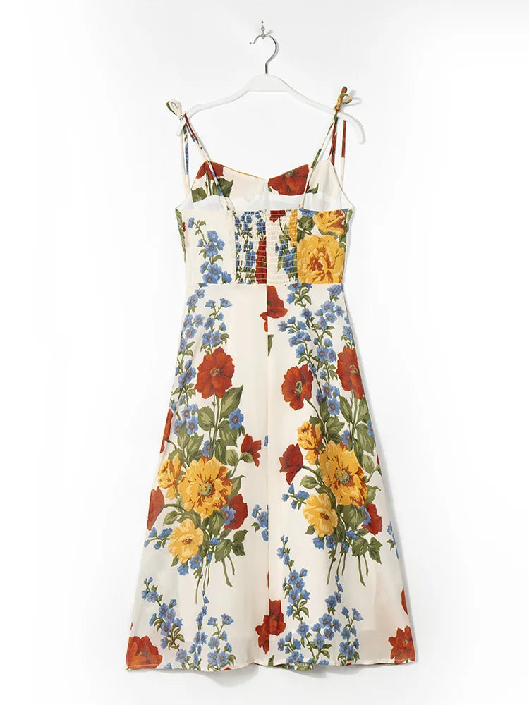 Summer Dresses For Women Spaghetti Strap Sundress Vintage Floral Print Elegant Wedding Guest Party Midi Dress With Slit