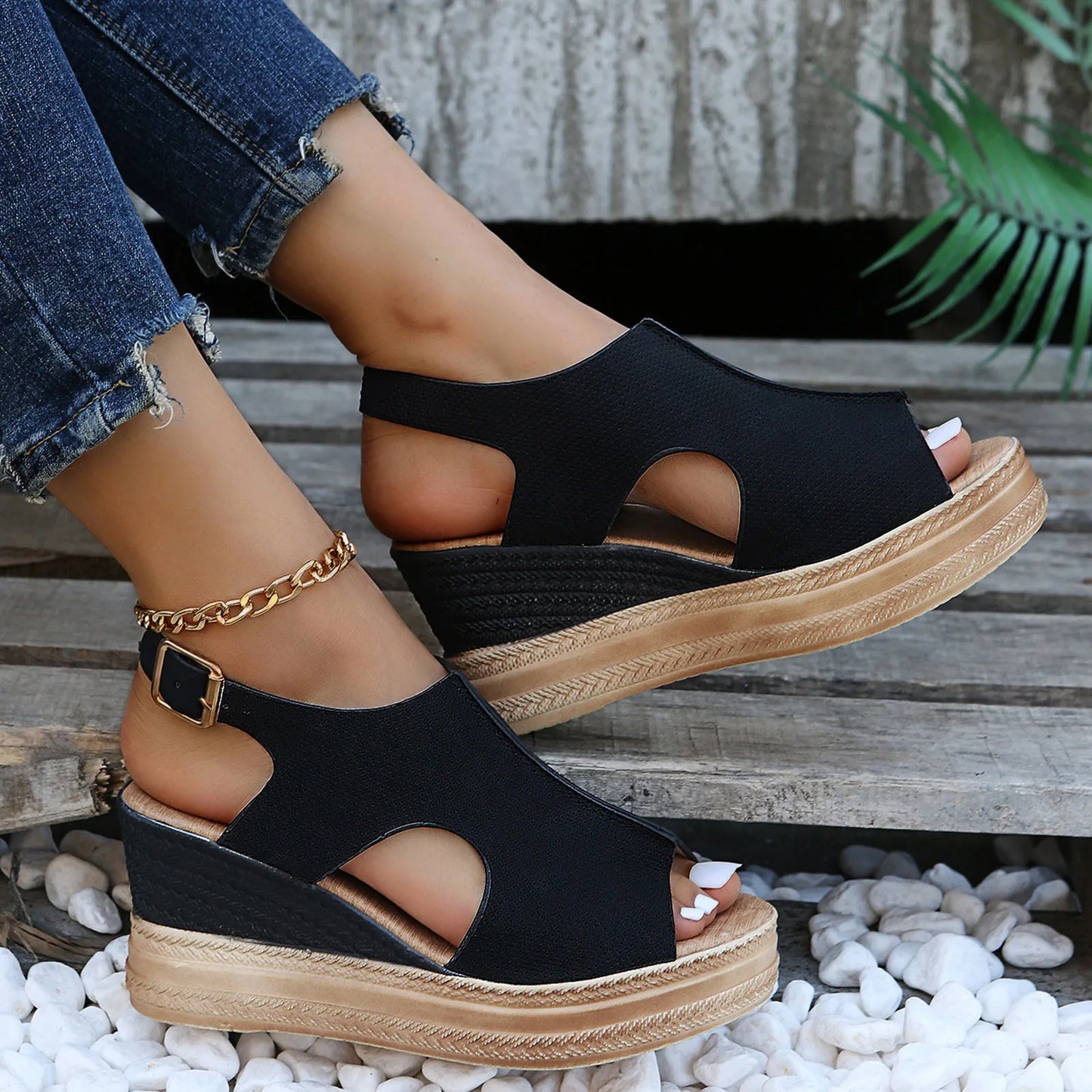 Summer Plus Size Wedge High Heels Sandals Women 2024 Peep Toe Platfrom Sandals Woman Buckle Strap Non Slip Beach Sandles Mujer