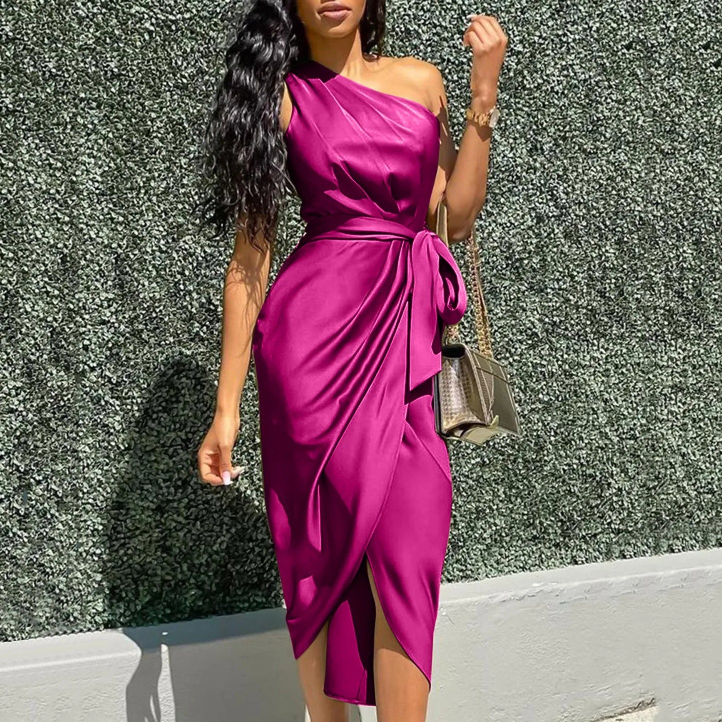 Women Prom Cocktail Dresses Sexy Solid One Shoulder Ruched Slit Belted Waist Dress Sleeveless Formal Occasion Dresses 원피스