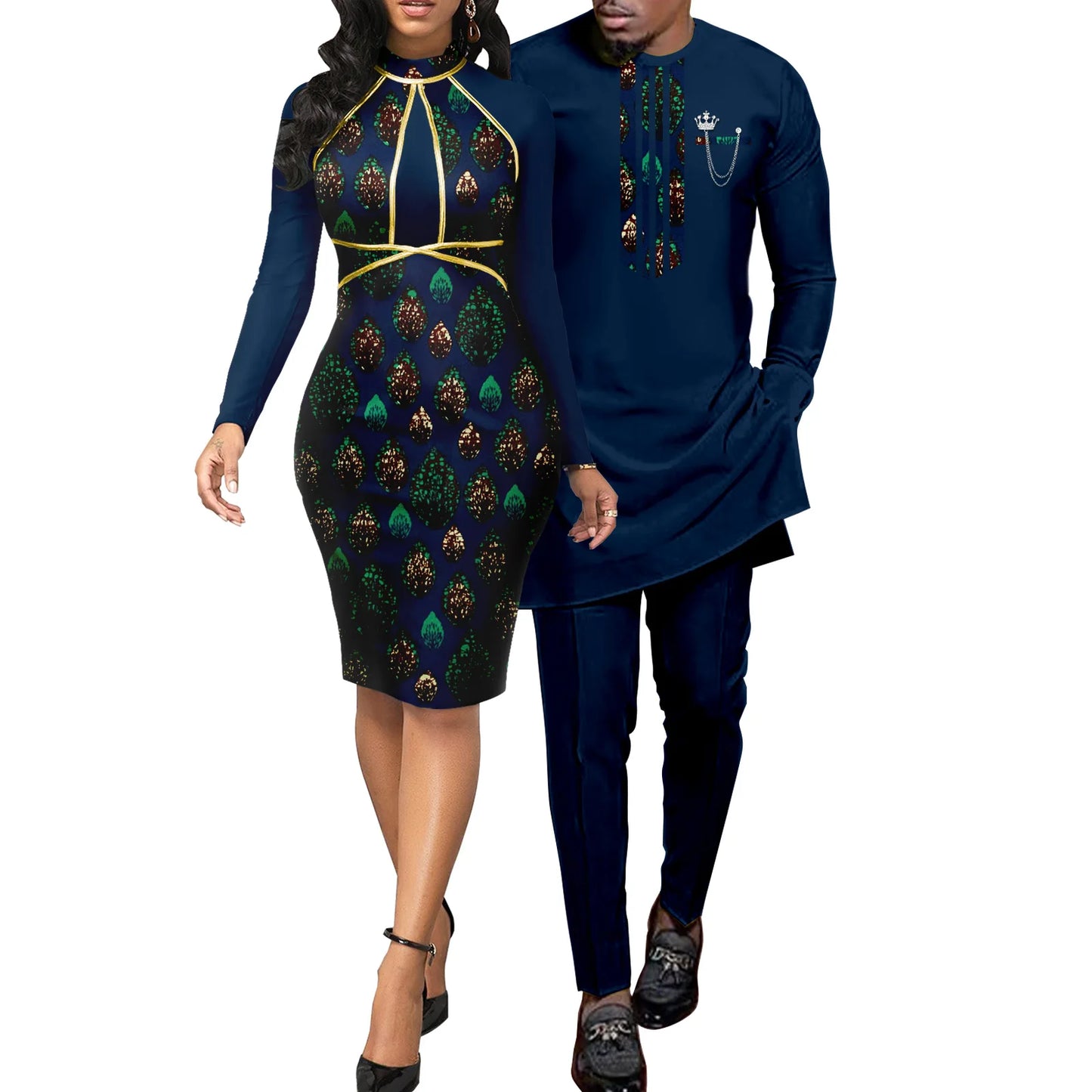 African Abaya Hip Dresses for Women Matching Couple Outfits with Bazin Riche Men's Top and Pant Set Dashiki Print
