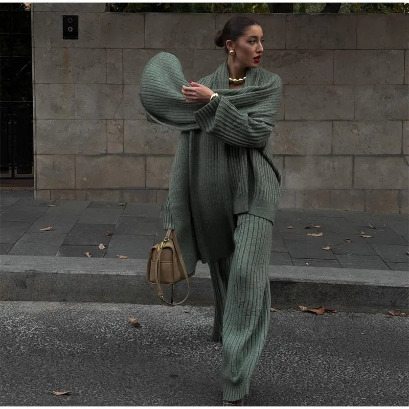 Oversize Knitted Women's Set V-Neck Full Sleeve Scarf Pullover Long Trousers Casual Loose Lady Suit for Autumn