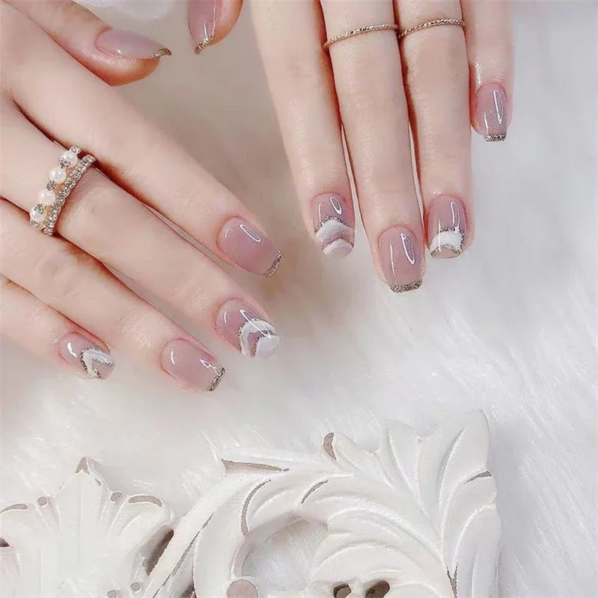 24Pcs/Set Press on Nails Gradient Point Drill Ballet Wearing False Nails Long French Stick on Nail Artificial Acrylic Fake Nails