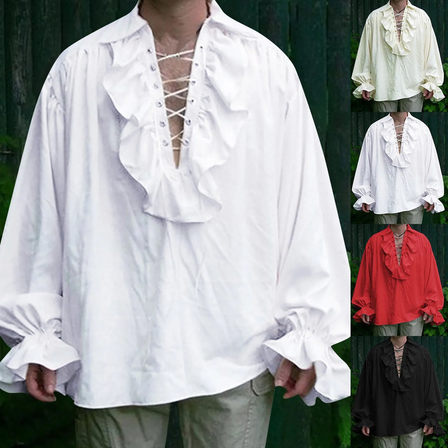 Men'S Solid Color Base Shirt Retro Gothic Pleated V-Neck Top