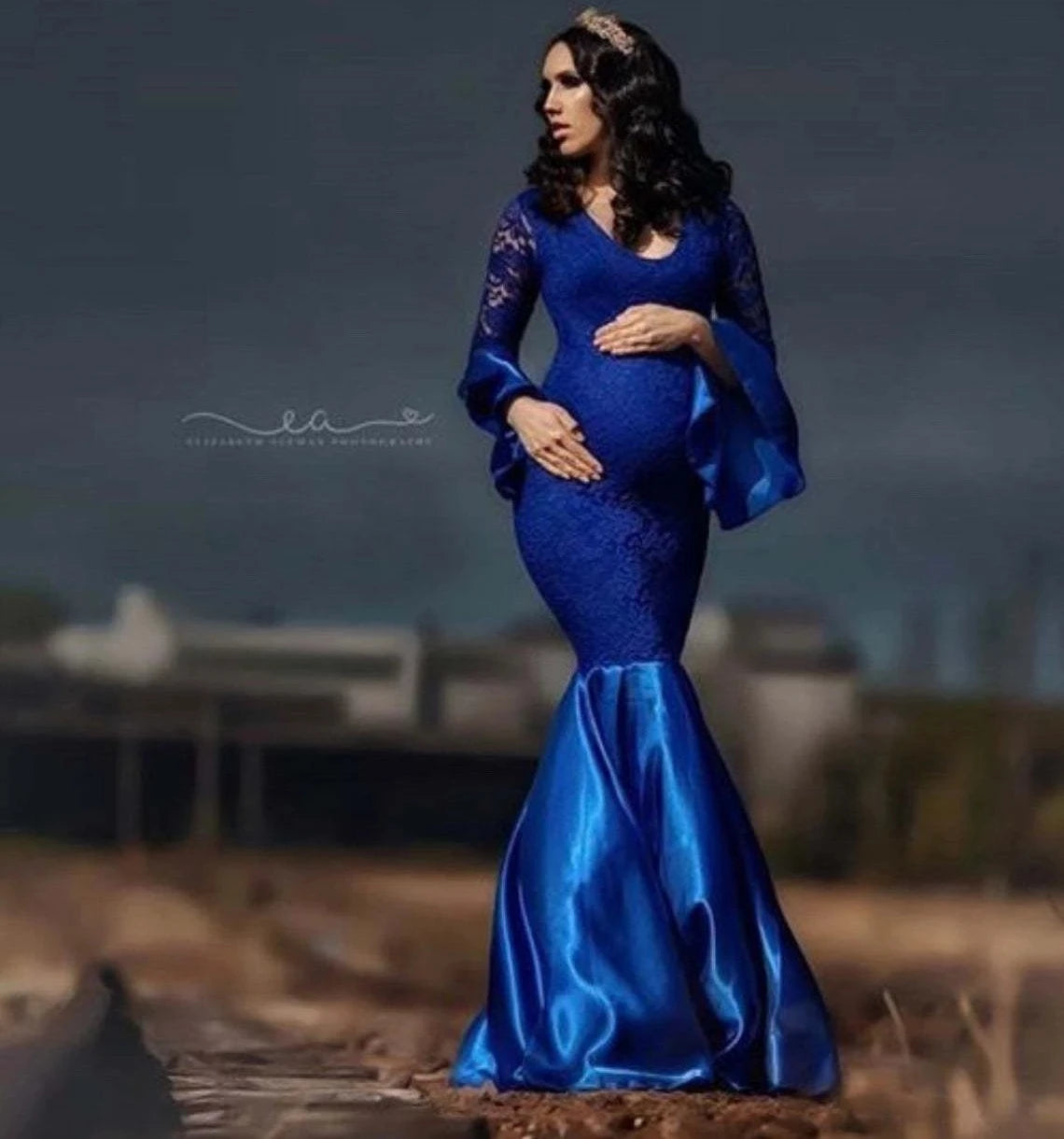 Hot! Women's Off Shoulder Lace Mermaid Maternity Maxi Dress V Neck Ruffle Long Sleeve Slim Fit Gown for Photography Baby Shower