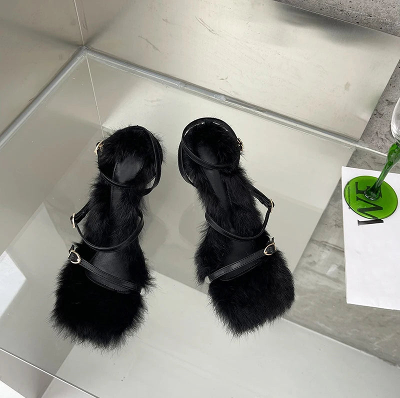 Liyke Size 35-40 Summer Party Dress Pink Sandals Women 2025 Fashion Fur Feather Thin High Heels Square Toe Buckle Strap Shoes