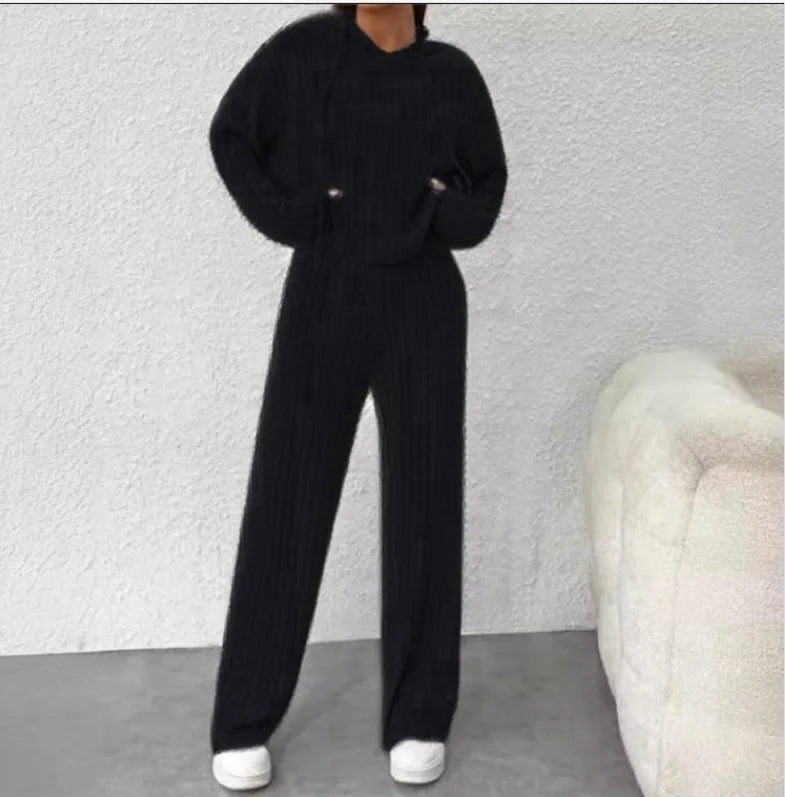 Spring and Autumn Women's New Solid Color Casual Knitted Striped Hooded Sweatshirt Loose Long Sleeved Long Pants Two-piece Set