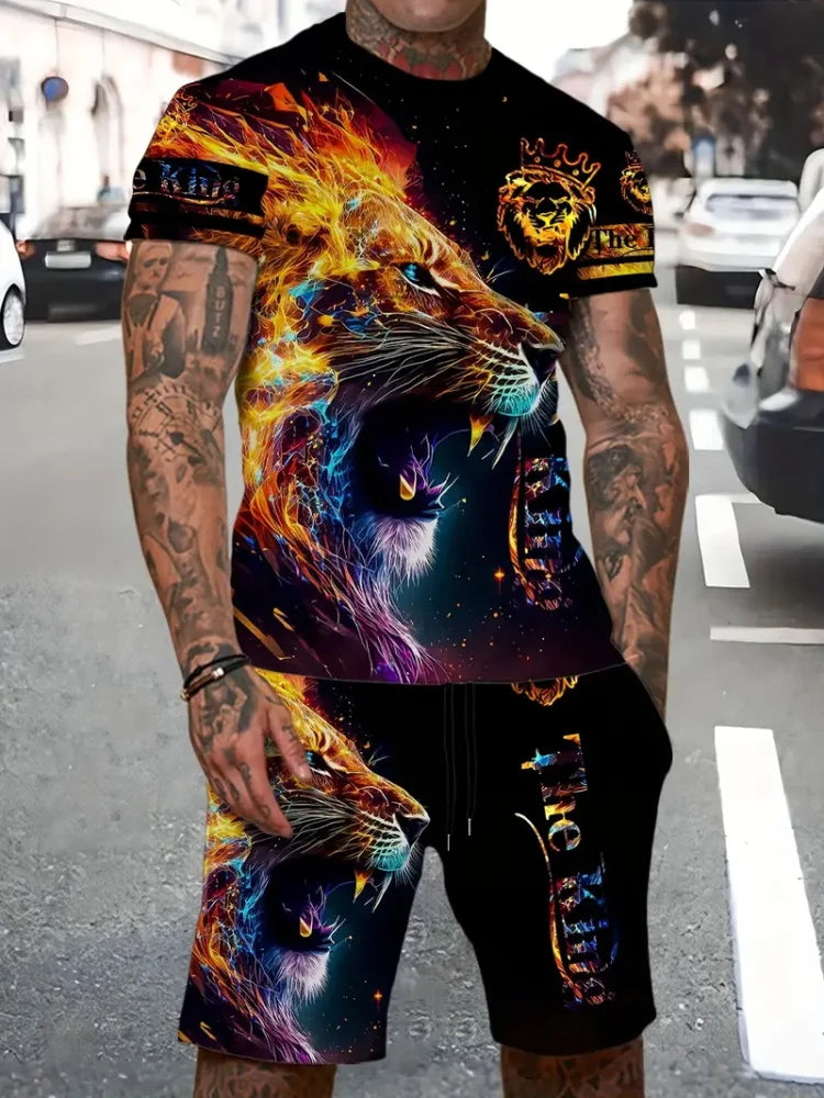 New Lion King 3D Printed Short Sleeve T-shirt Shorts 2 Piece Summer Men's Fashion Street Fashion Short Sleeve Suit Casual