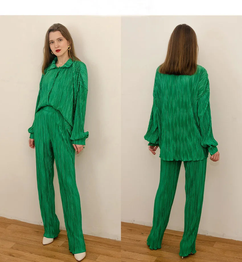 New Spring And Autumn Suit Women's Pleated Lapel Shirt Loose Casual Suit Solid Color Drape Pleated Casual Suit
