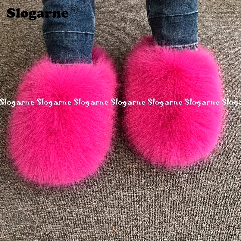 New Colorful Raccoon Fur Slippers Women Winter Faux Fur Shoes Ladies Luxury Furry Slippers Girls Artificial Fox Furs Slides Shoe