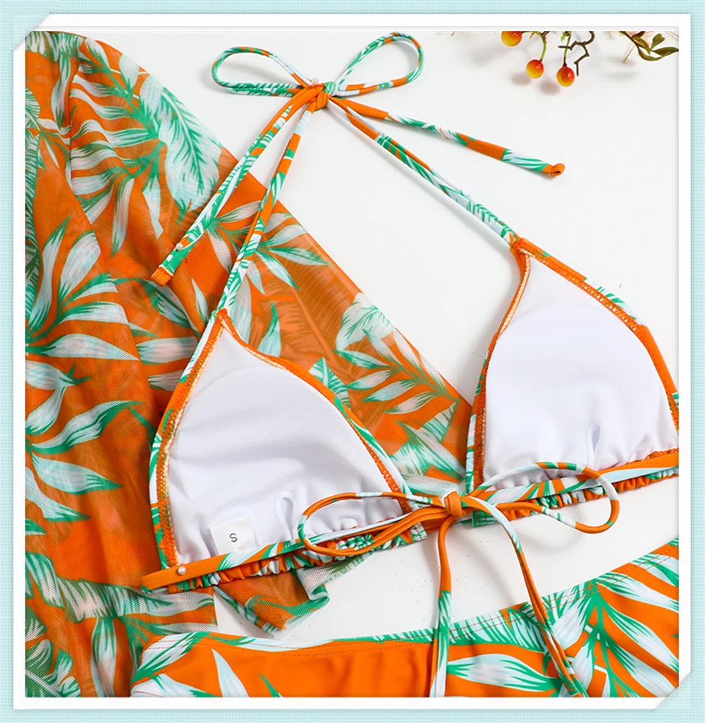 3 pieces Halter Bikini Tropical Print Swimsuit Drawstring Side Swimwear Women Long Sleeve Bathing Suit Female Swimming Beachwear