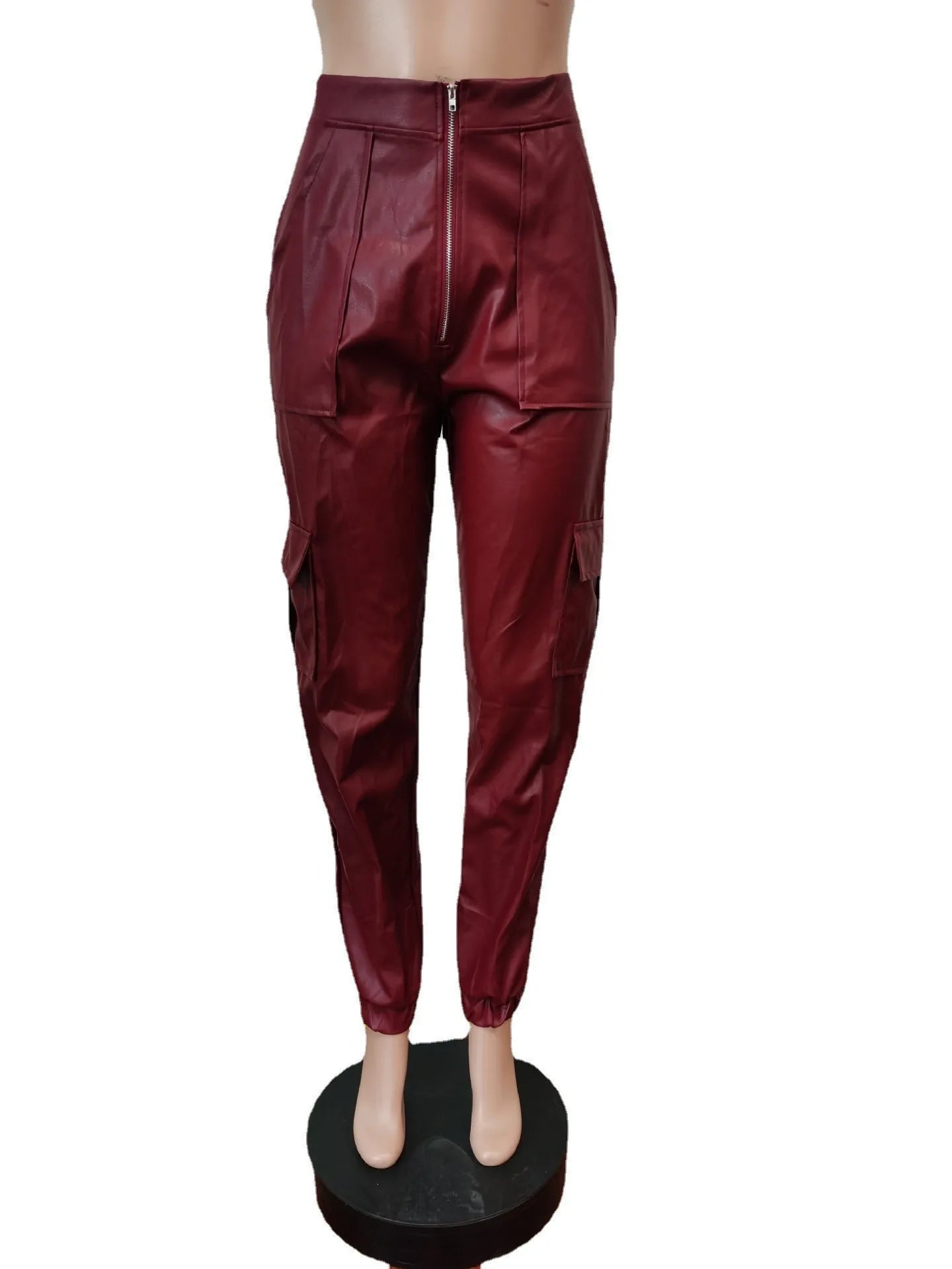 Autumn Winter Fashion Women's Trousers Faux Leather High Waisted Joggers with Zipper Multi Pocket Straight-Leg Cargo Pants